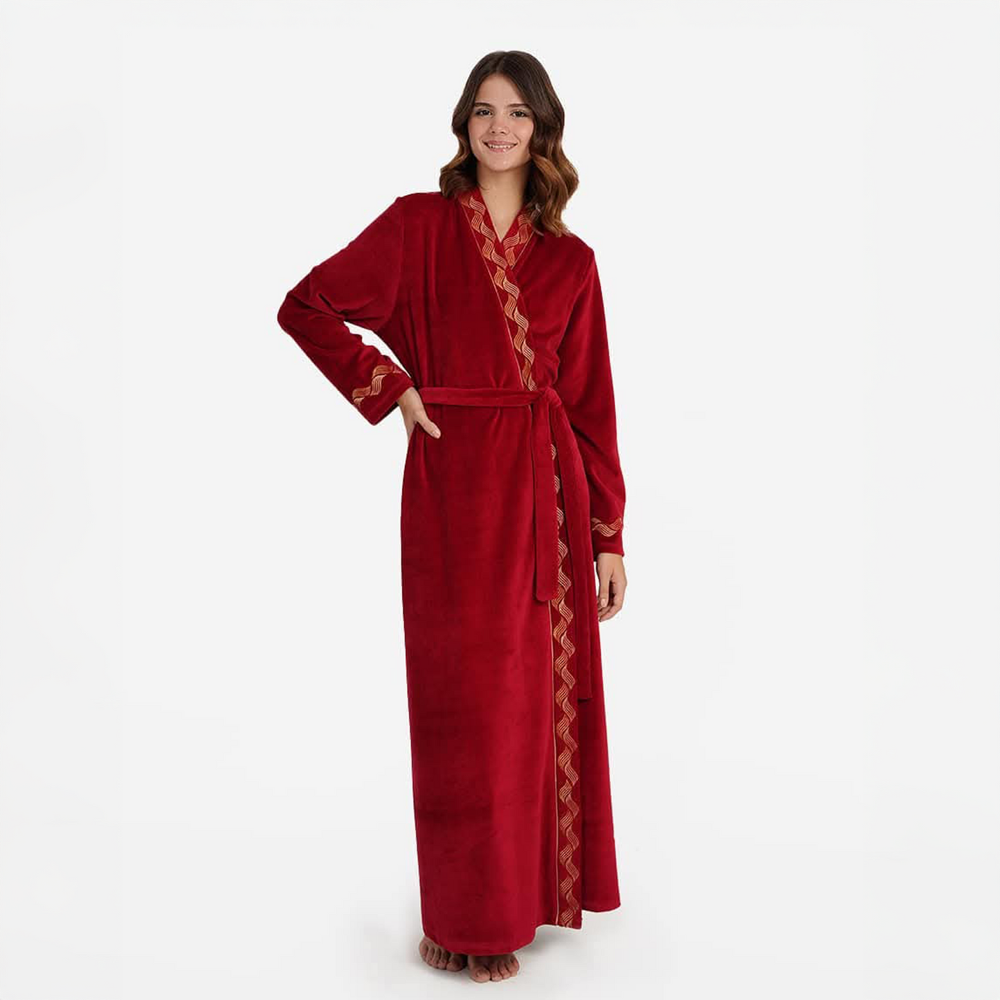 Long burgundy robe with embroidery.