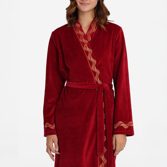 Long burgundy robe with embroidery.