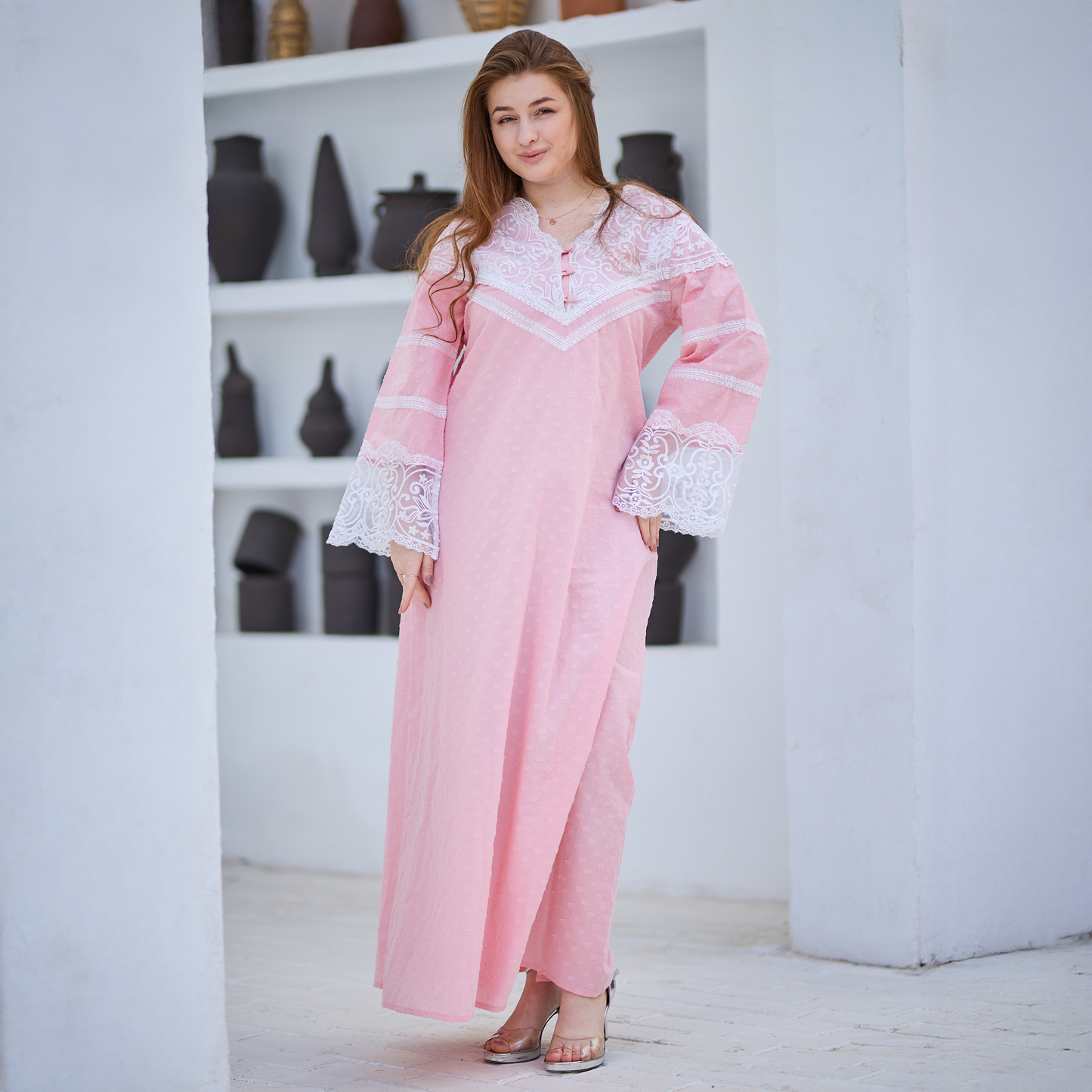 Pink Lace-Trimmed Long Sleeve Jalabiya