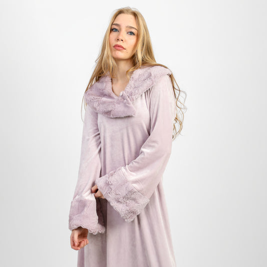 A winter velvet abaya in a soft lavender shade, featuring a long