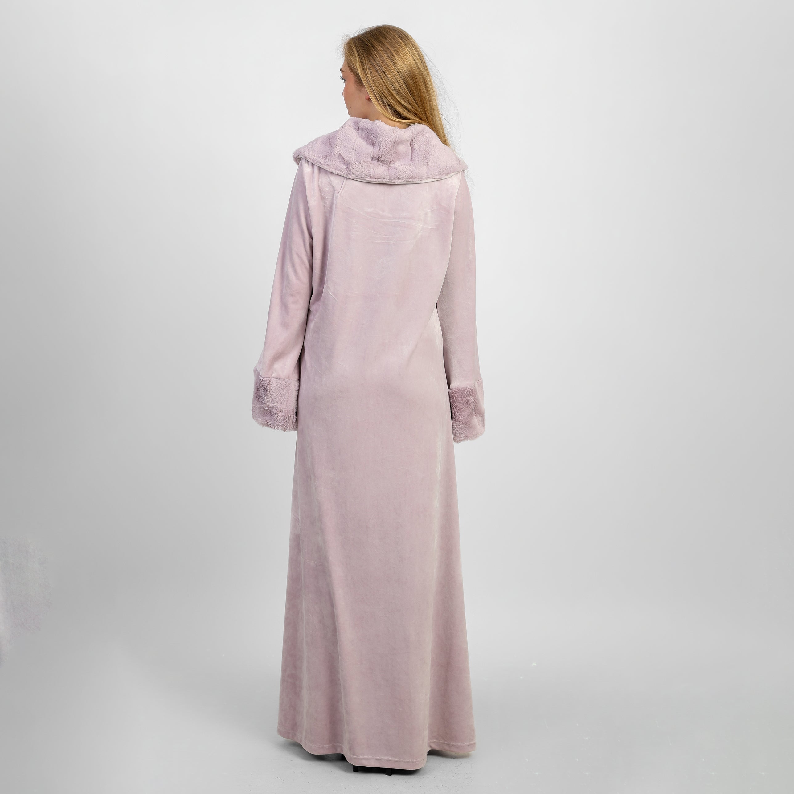 A winter velvet abaya in a soft lavender shade, featuring a long