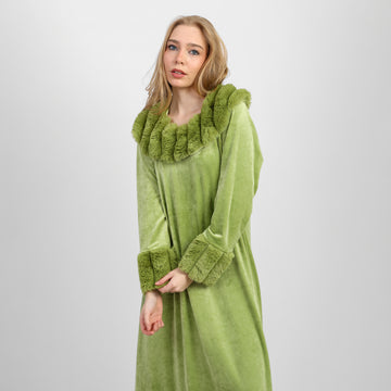 A full-length winter gown crafted from soft, luxurious velvet in a refined green shade.