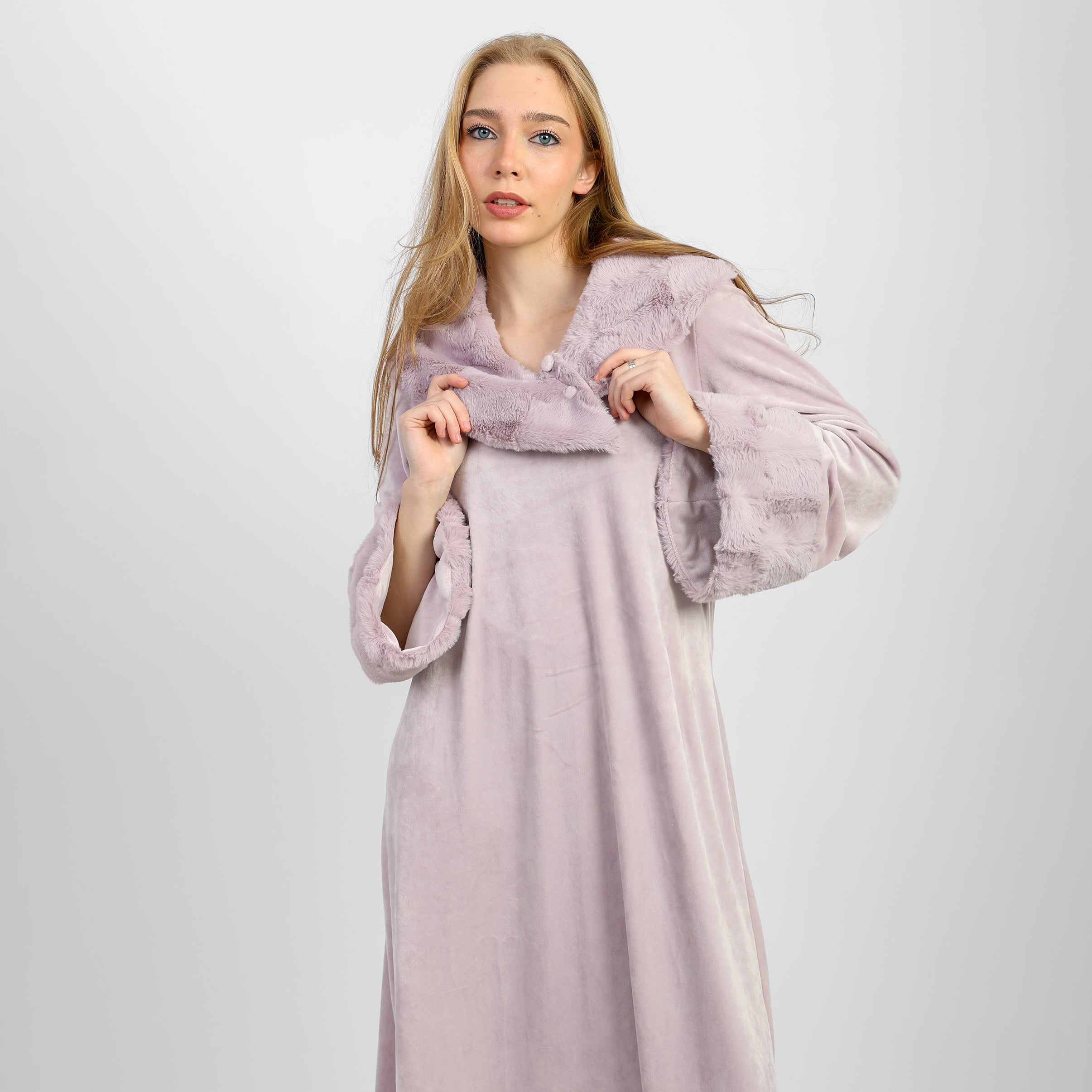 A winter velvet abaya in a soft lavender shade, featuring a long