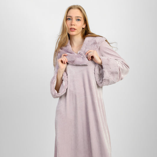 A winter velvet abaya in a soft lavender shade, featuring a long