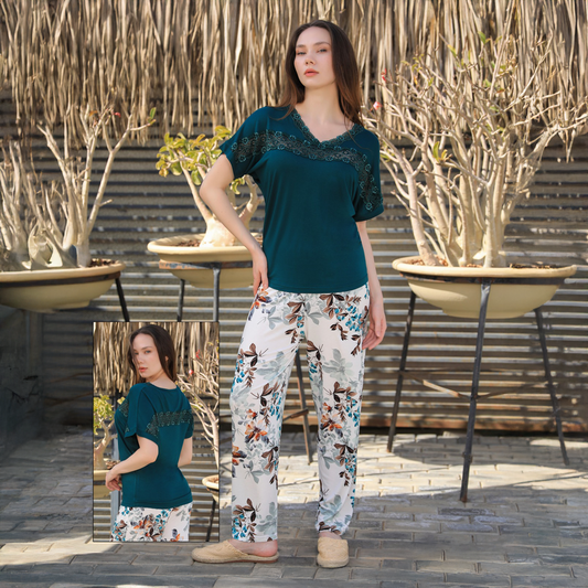 Olive Pajama Set with Printed Pants