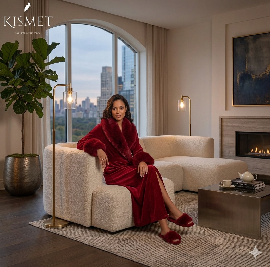 Woman in a red robe standing in a room with plants and a fireplace, with 'KISMET' branding.