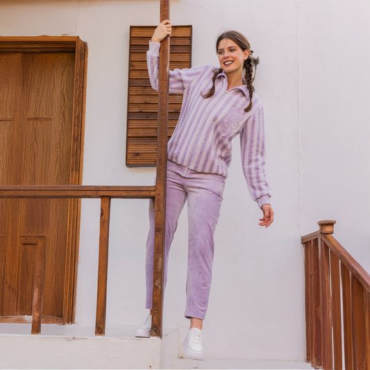 Purple pajama set with zipper top