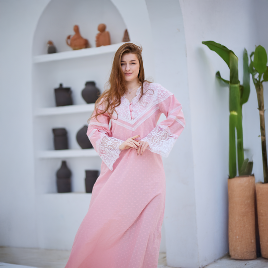 Pink Lace-Trimmed Long Sleeve Jalabiya